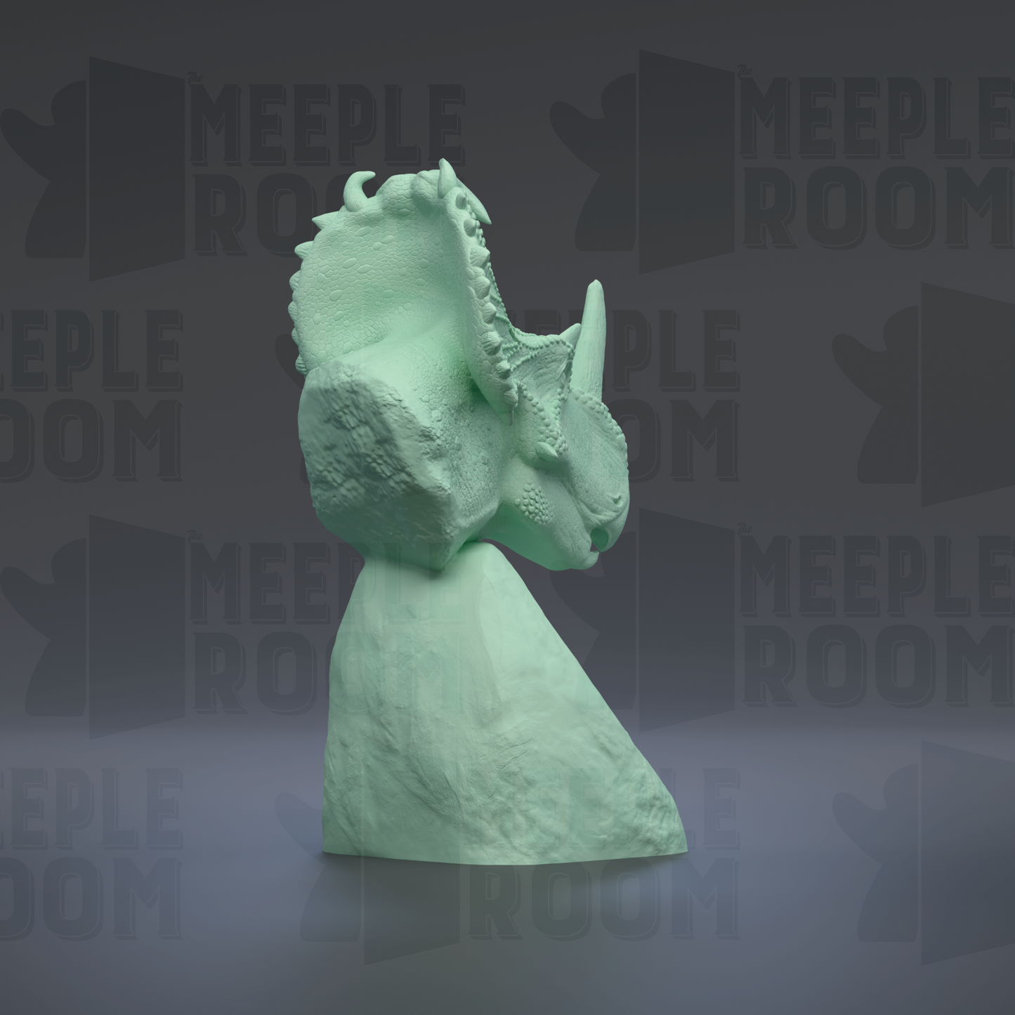 A green ceramic sculpture of a triceratops, a dinosaur with three horns, is displayed against a dark background with repeated text.