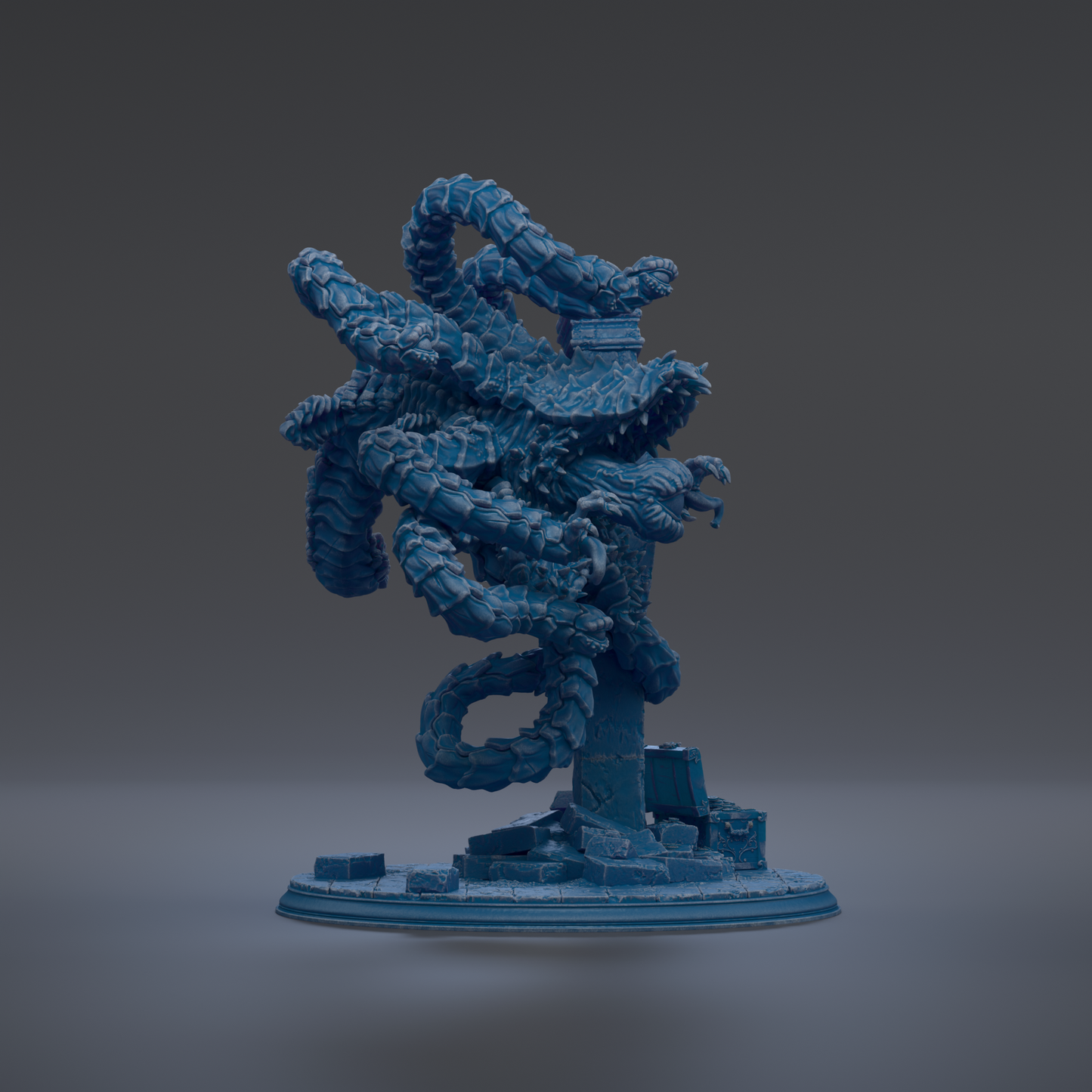 A 3D rendering of a blue, twisted, and coiled-up metallic sculpture resembling a snake or serpent.