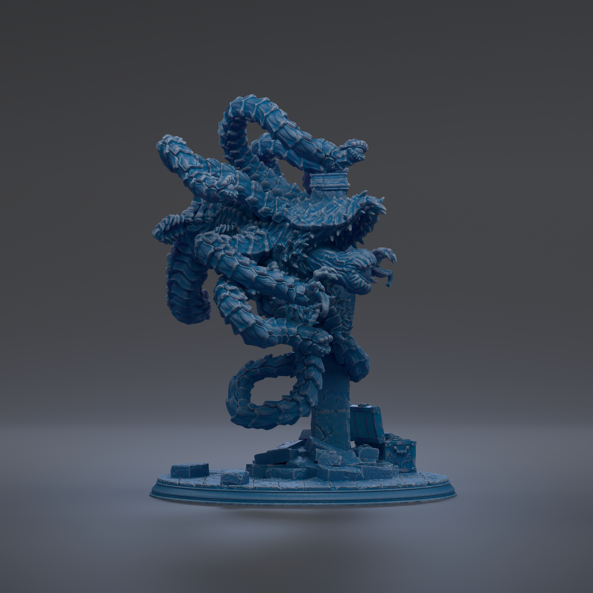 A 3D rendering of a blue, twisted, and coiled-up metallic sculpture resembling a snake or serpent.