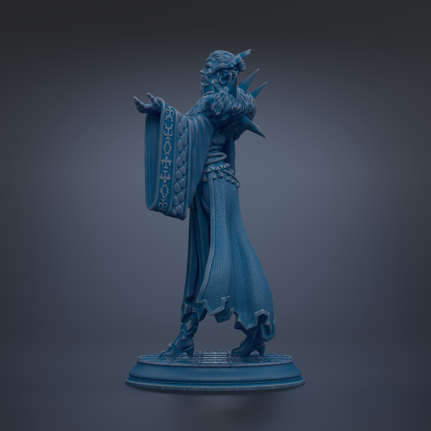 A blue statue of a figure with a flowing robe and ornate headdress stands on a pedestal against a dark background.