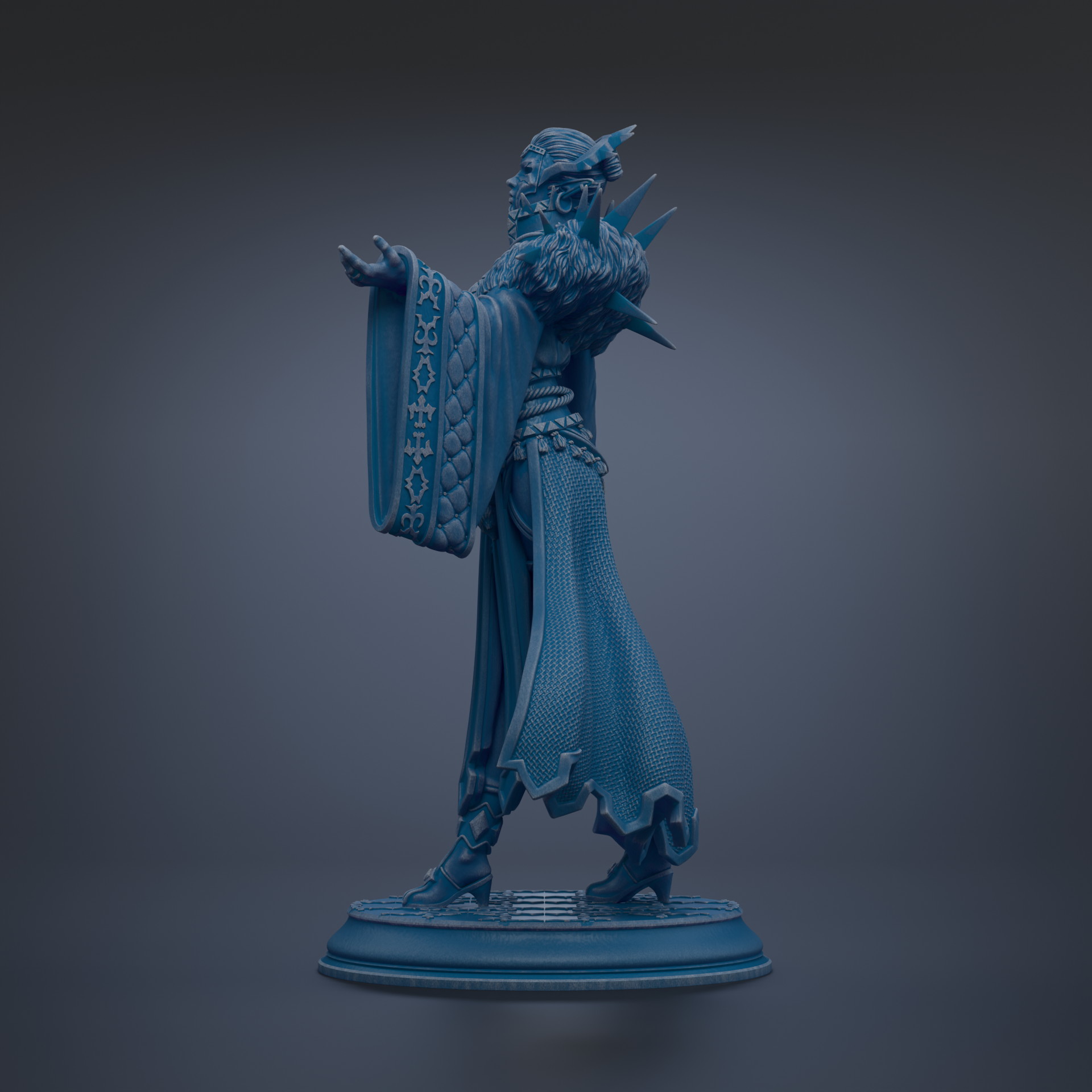 A blue statue of a figure with a flowing robe and ornate headdress stands on a pedestal against a dark background.