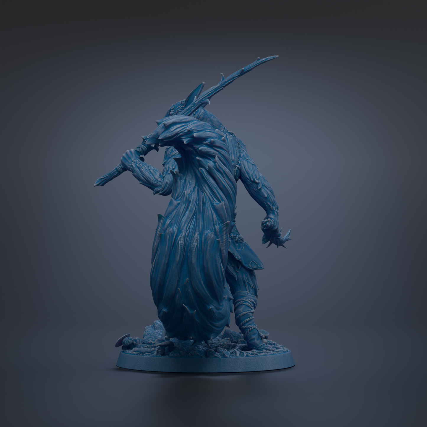 A dark blue, 3D-rendered statue of a fantastical creature with a long, flowing tail and sharp, pointed weapons.