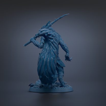A dark blue, 3D-rendered statue of a fantastical creature with a long, flowing tail and sharp, pointed weapons.