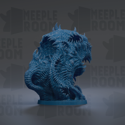 A 3D rendering of a blue, textured creature with sharp teeth, standing on a base.