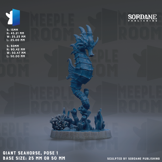 a large blue seahorse statue with a detailed design and a base size of either 25mm or 50mm.