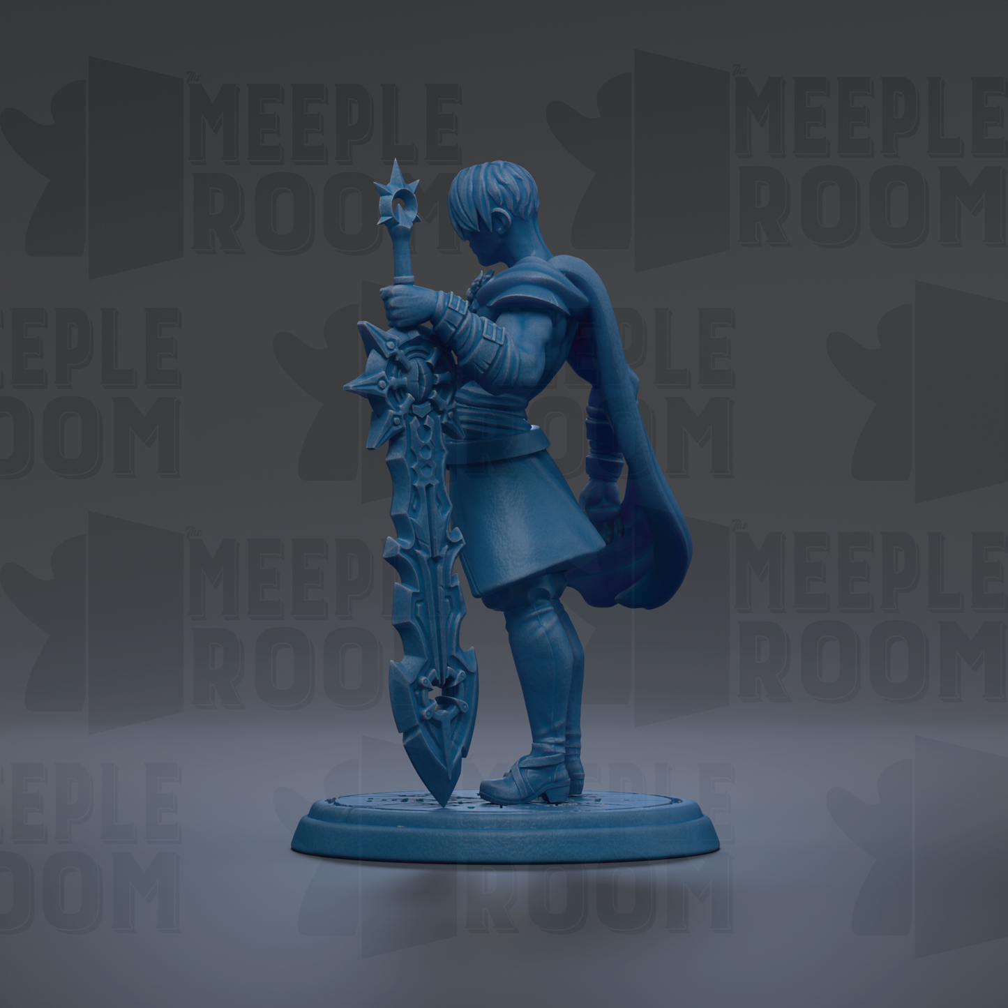 A blue figurine of a person holding a sword and shield, standing against a dark background with repeated text.