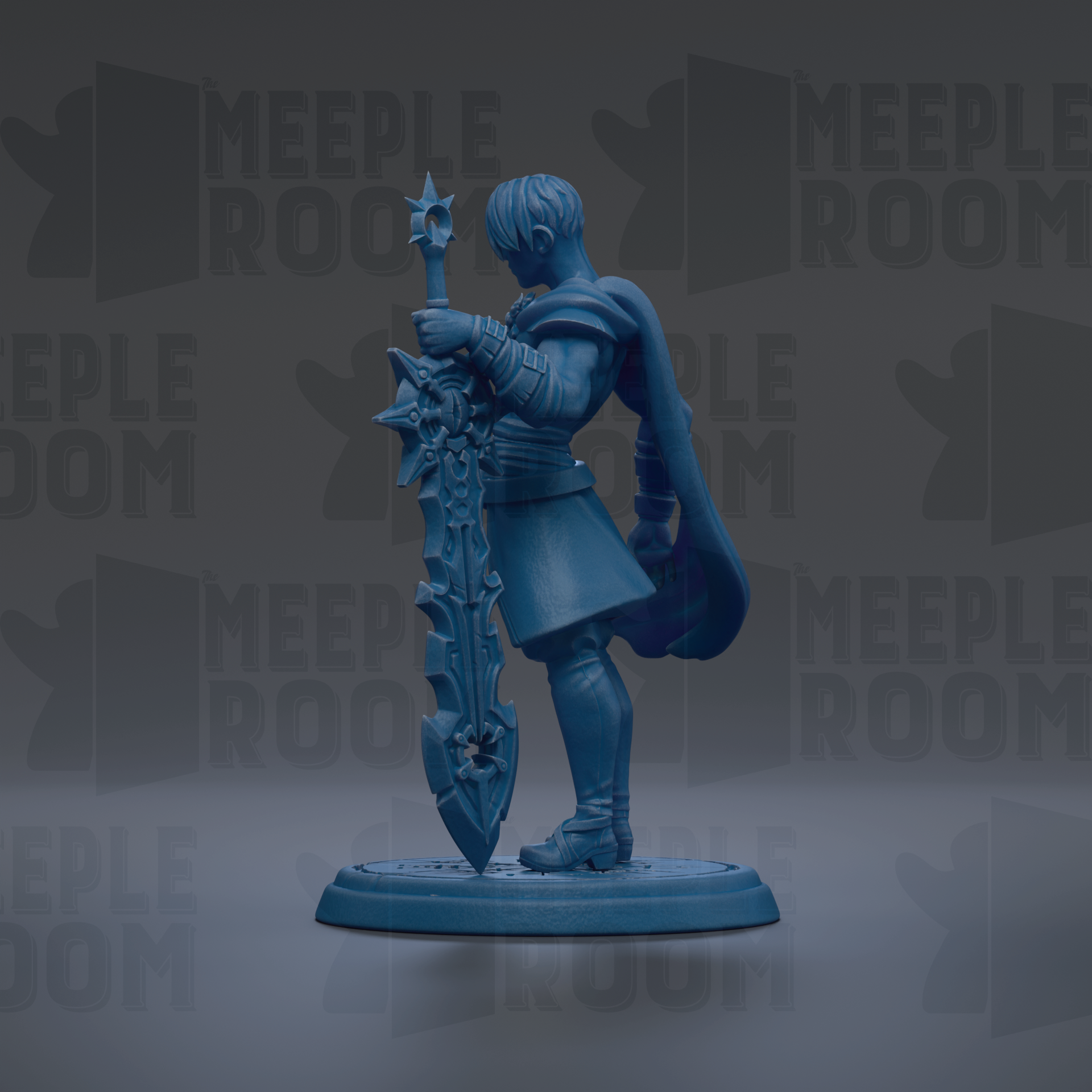 A blue figurine of a person holding a sword and shield, standing against a dark background with repeated text.