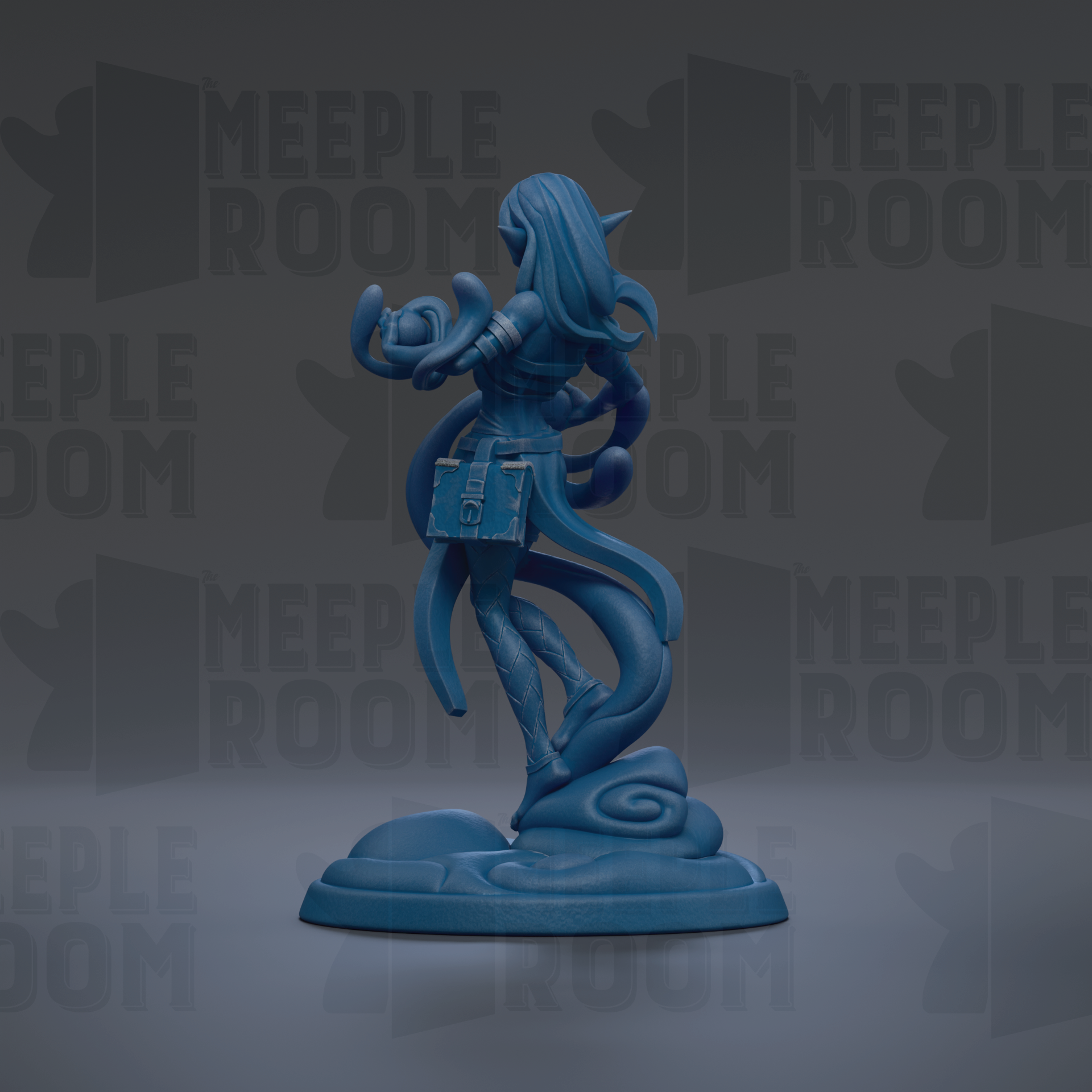 A blue figurine of a woman with long hair and a flowing skirt, holding a book, is the central focus of the image.