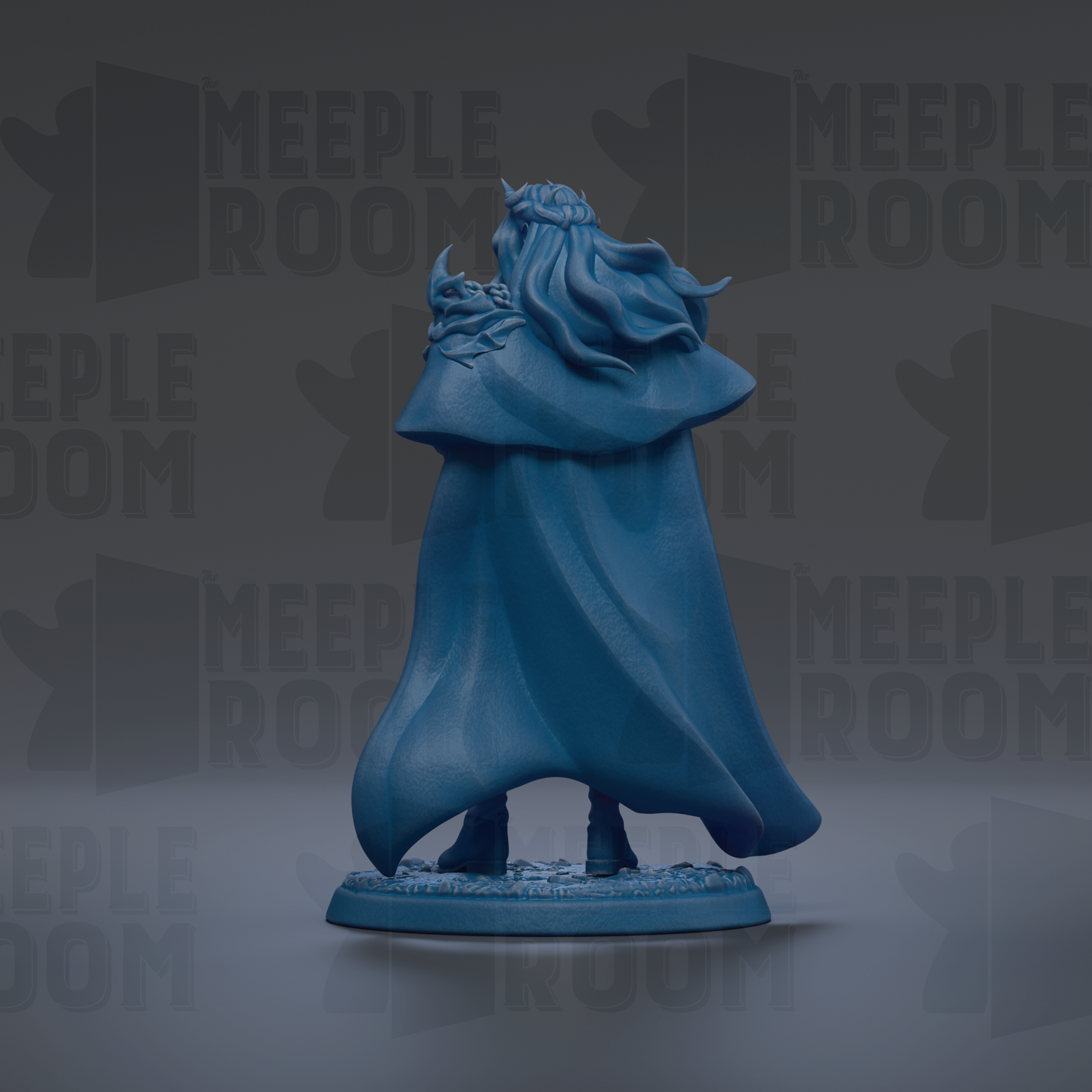 A blue figurine of a person with flowing hair and a cape, standing on a base.