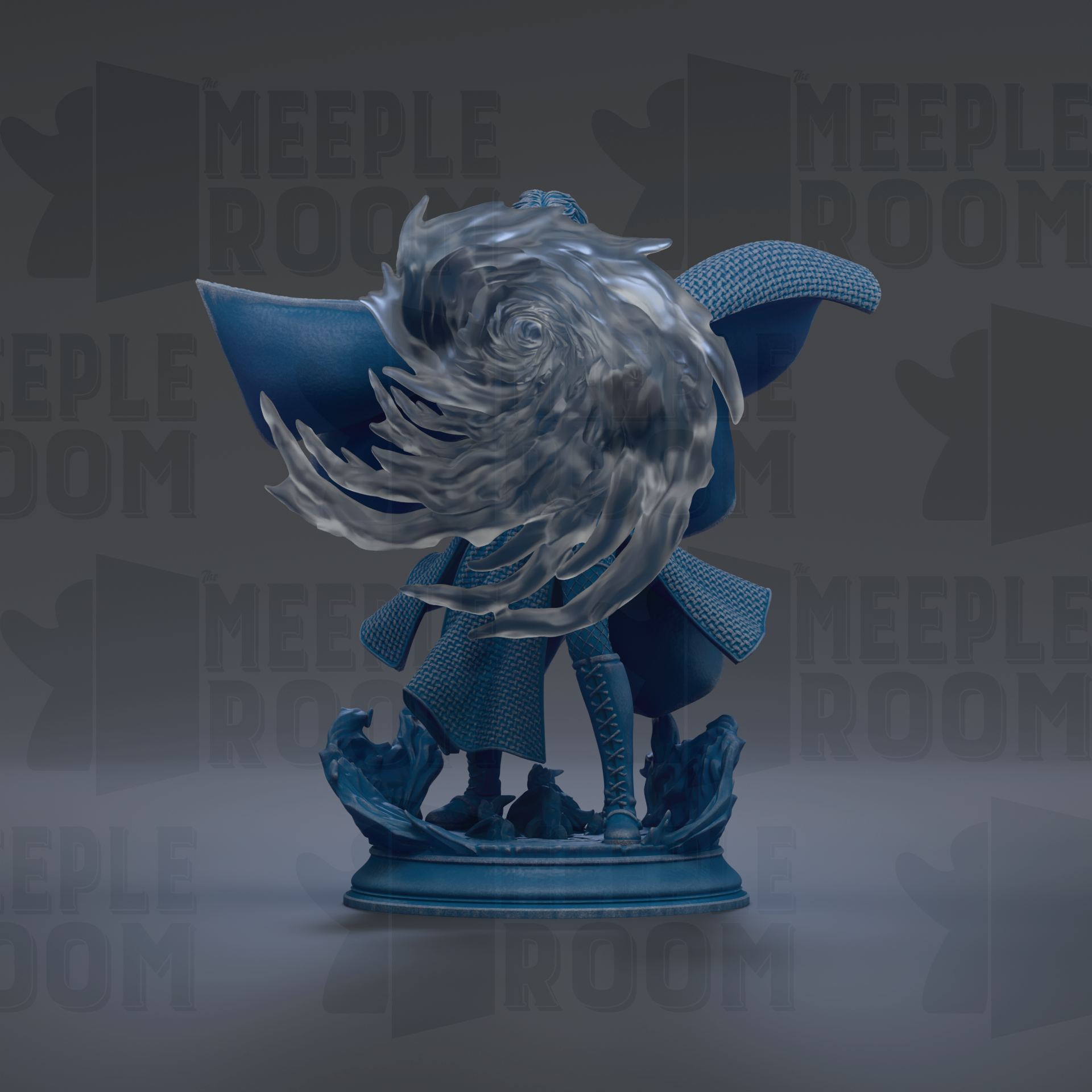 A 3D rendering of a blue statue with a swirling, ethereal design on its face, set against a dark background with repeated text.