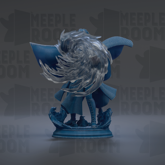 A 3D rendering of a blue statue with a swirling, ethereal design on its face, set against a dark background with repeated text.