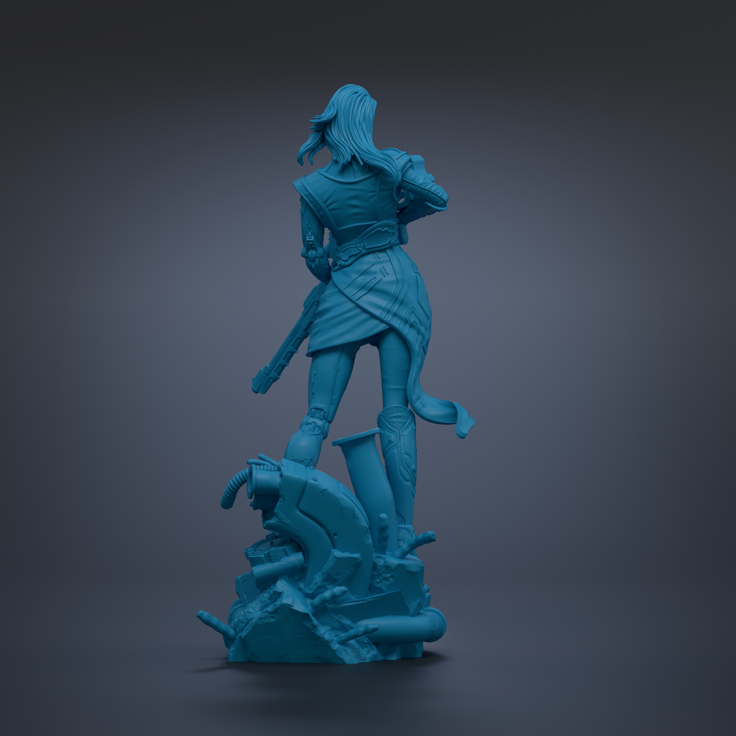 A 3D rendering of a female figure in a blue color, standing on a pile of rubble or debris.