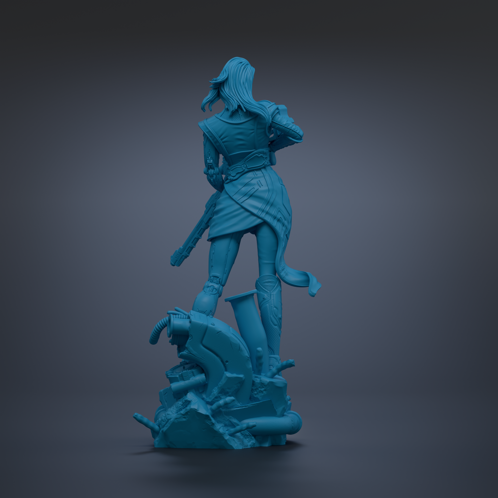A 3D rendering of a female figure in a blue color, standing on a pile of rubble or debris.