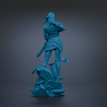 A 3D rendering of a female figure in a blue color, standing on a pile of rubble or debris.