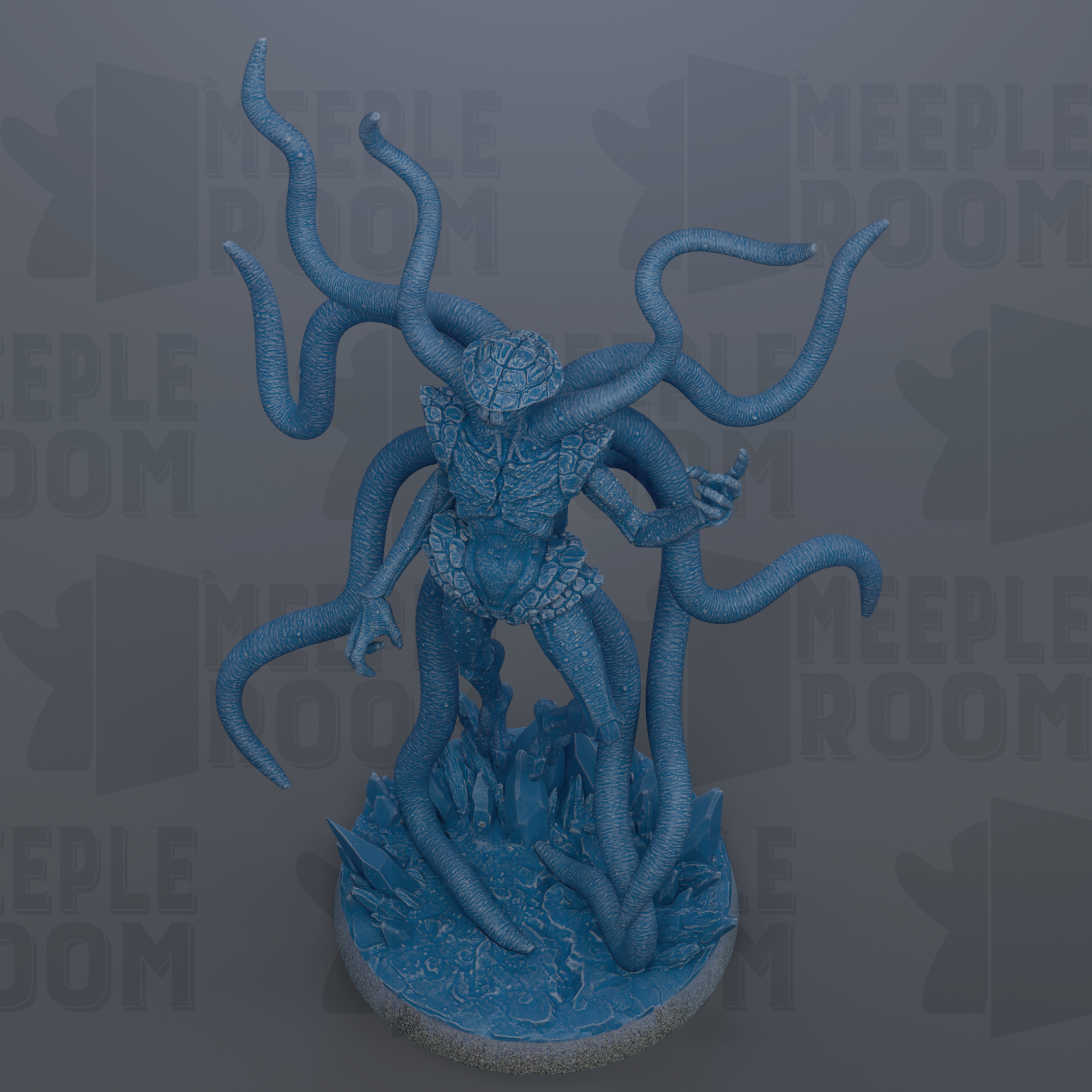 A blue, three-dimensional figurine of a fantastical creature with multiple tentacles, standing on a base.