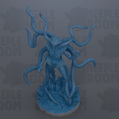 A blue, three-dimensional figurine of a fantastical creature with multiple tentacles, standing on a base.