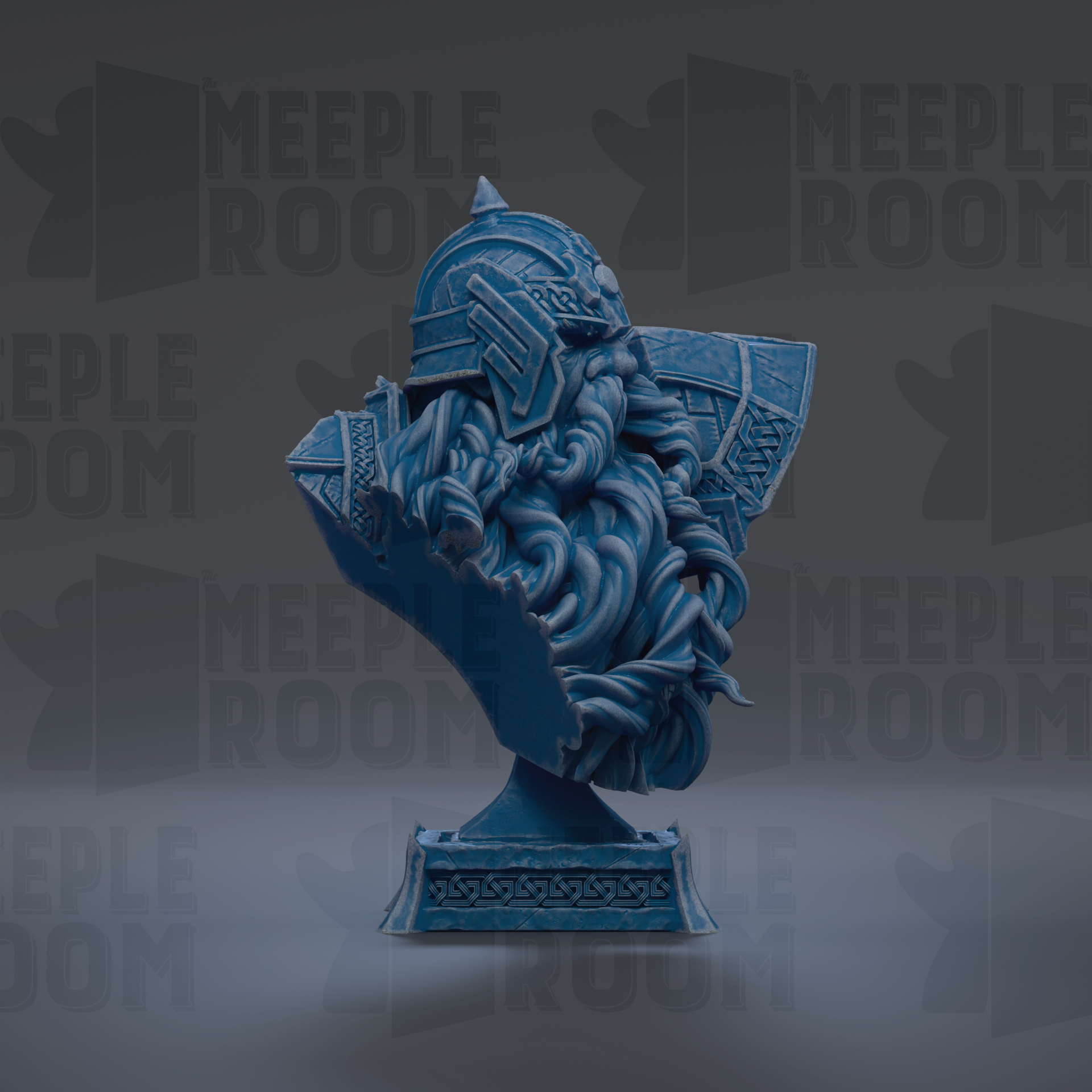 A blue bust sculpture of a bearded man with a helmet, set against a dark background with repeated text.