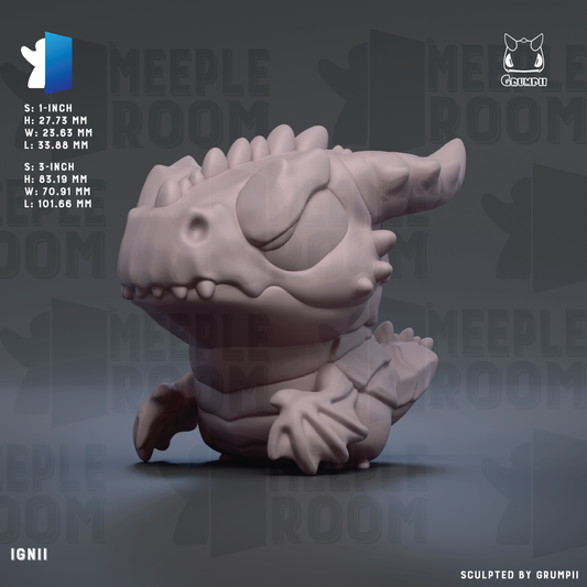 The image is a 3D rendering of a small, cartoonish dragon-like creature. The dragon has a large head and long, curved horns. The creature is sitting on a surface, and the background is a dark gray color. The image does not contain any text or additional objects, and it is a simple, stylized representation of a dragon-like figure.
