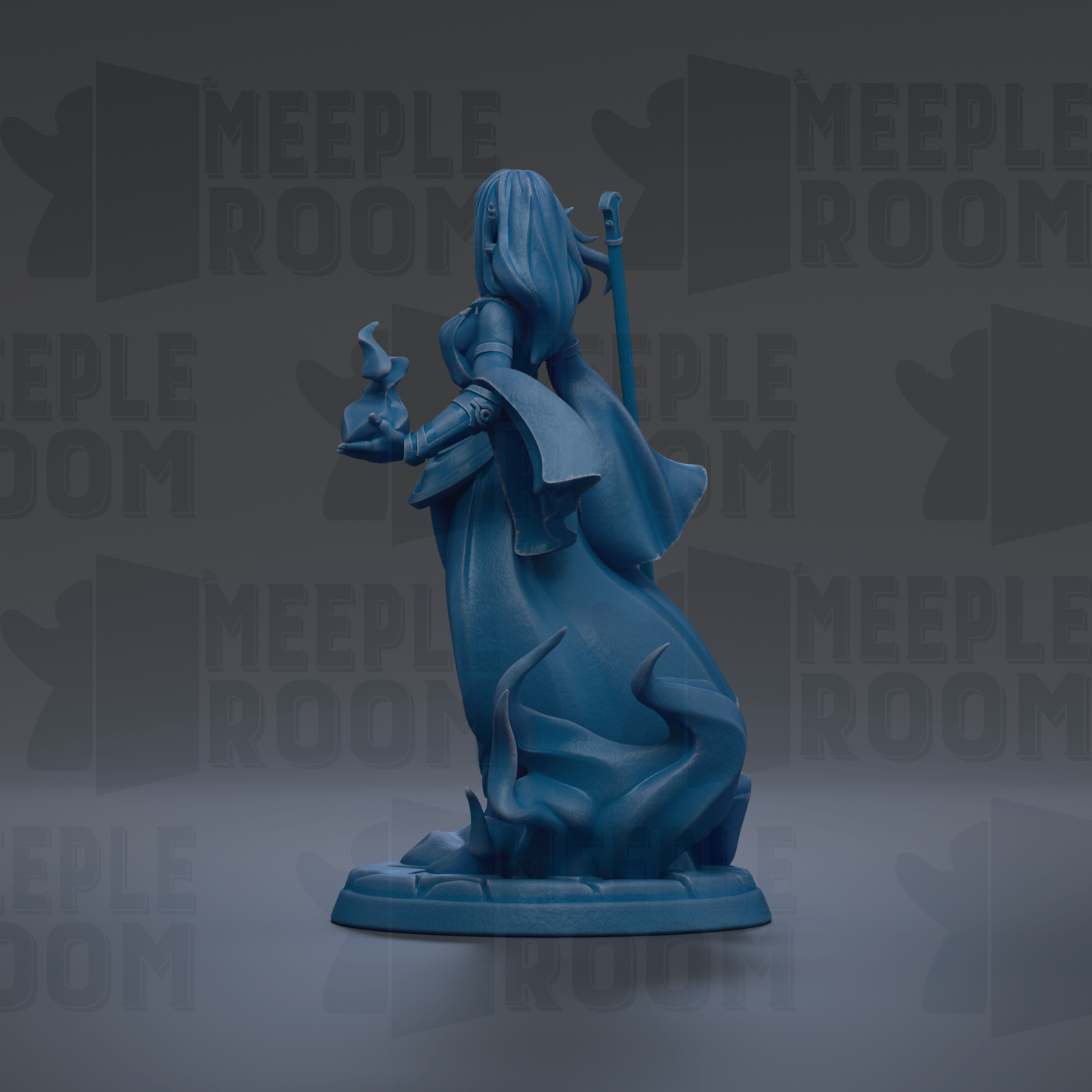 A blue figurine of a woman with long hair and a flowing dress, holding a small object, is the central focus of the image.