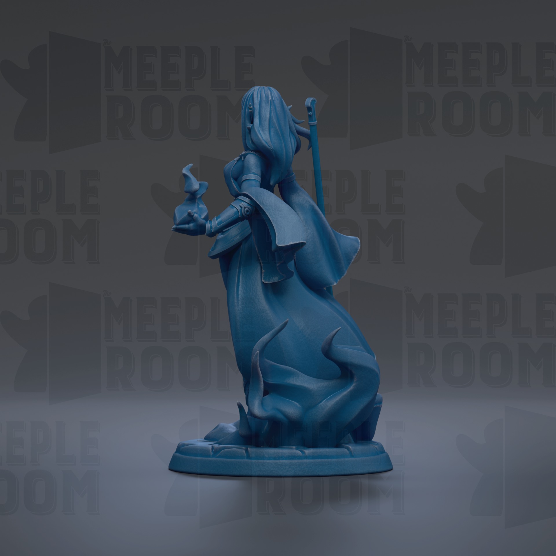 A blue figurine of a woman with long hair and a flowing dress, holding a small object, is the central focus of the image.