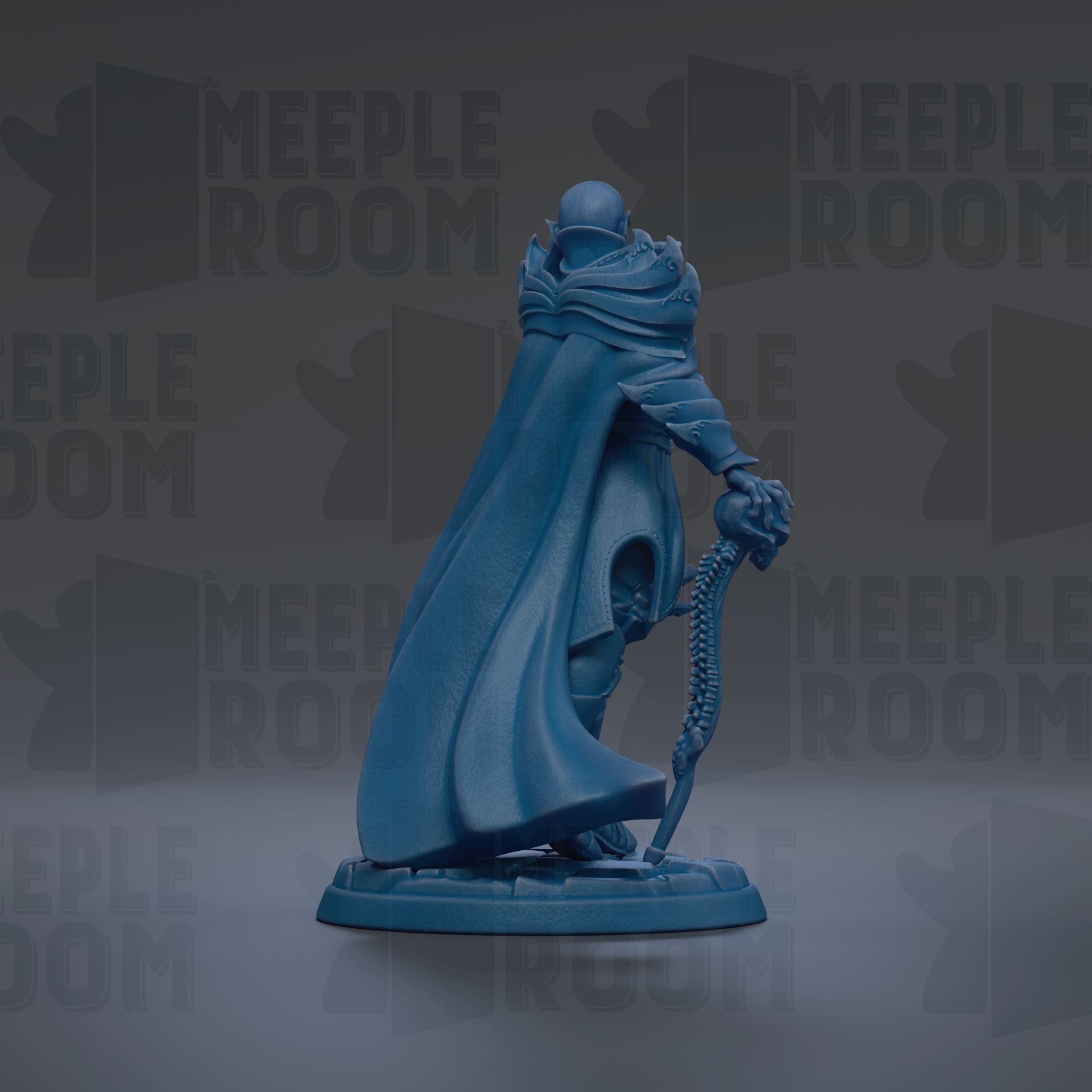 A blue figurine of a person standing with a staff and a cape, against a dark background with repeated text.