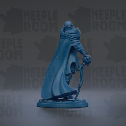 A blue figurine of a person standing with a staff and a cape, against a dark background with repeated text.