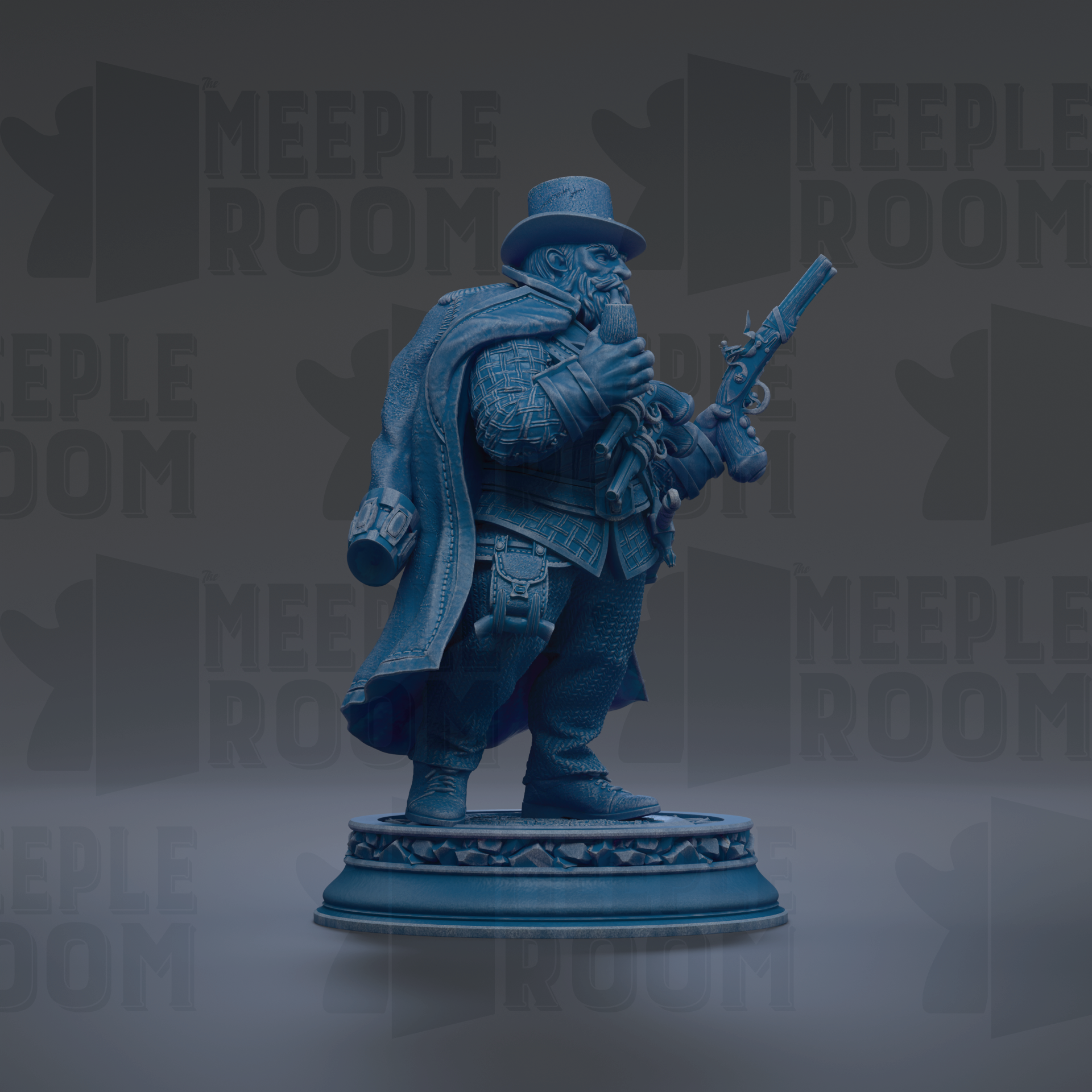 A blue statue of a man wearing a top hat and holding a gun, standing on a pedestal.