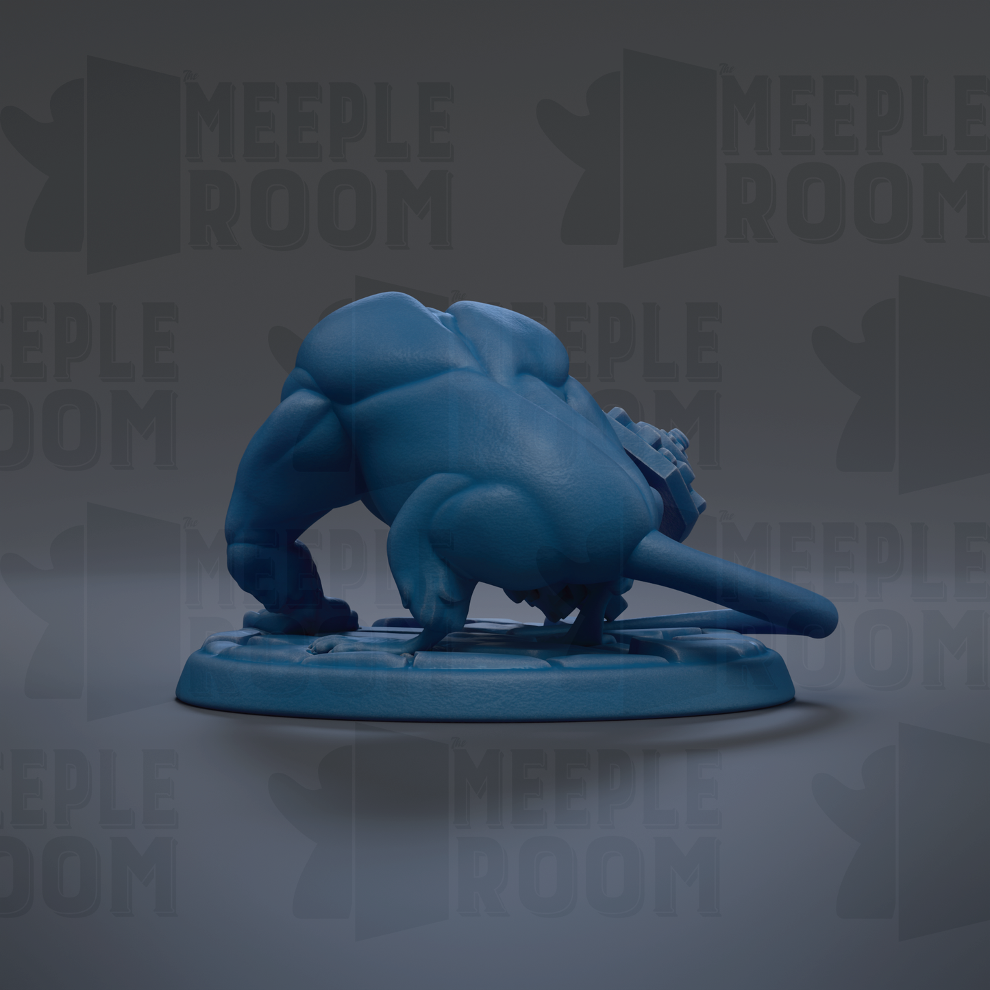 A blue, cartoonish-looking creature resembling a rat or a similar animal is sitting on a platform against a dark background with repeated text.