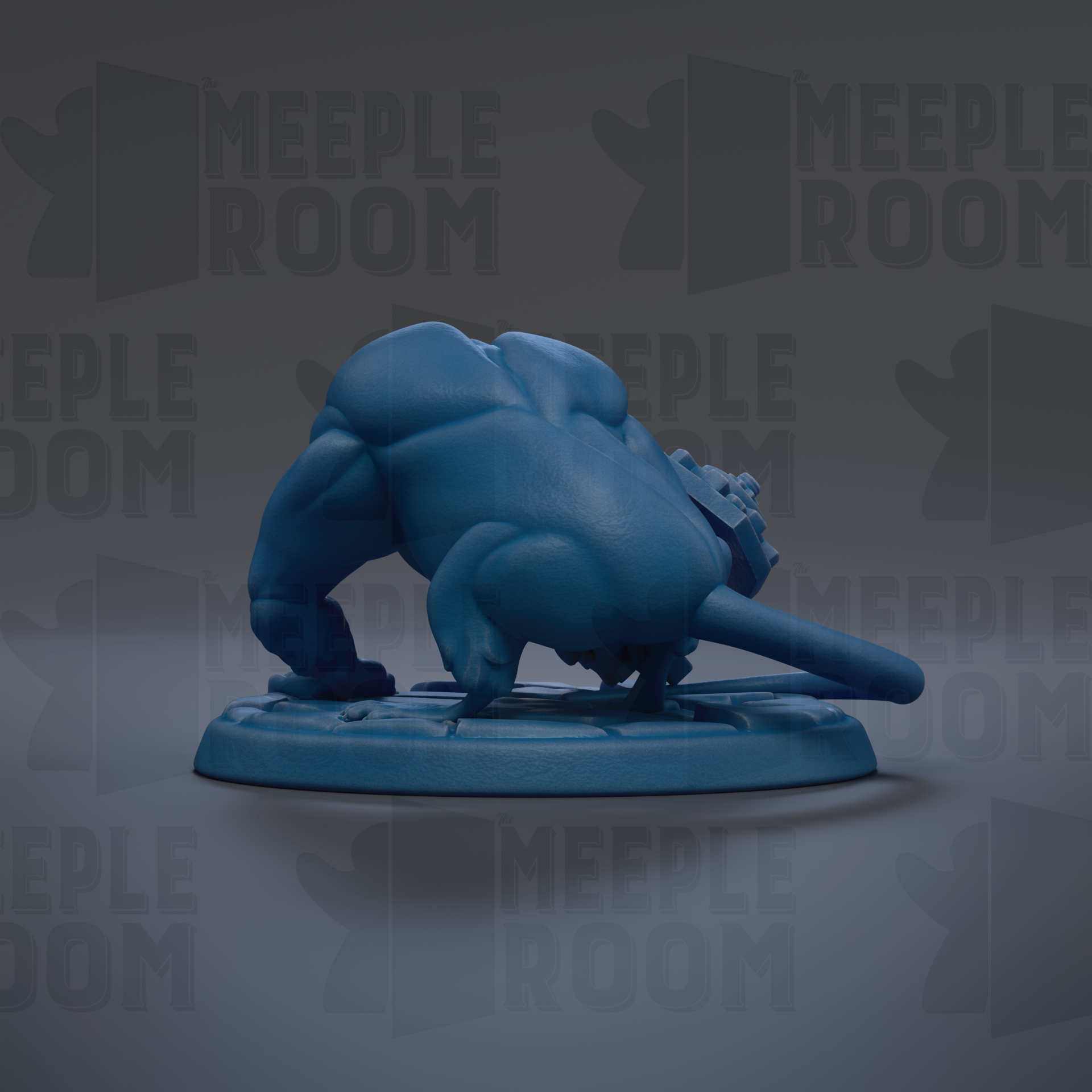 A blue, cartoonish-looking creature resembling a rat or a similar animal is sitting on a platform against a dark background with repeated text.