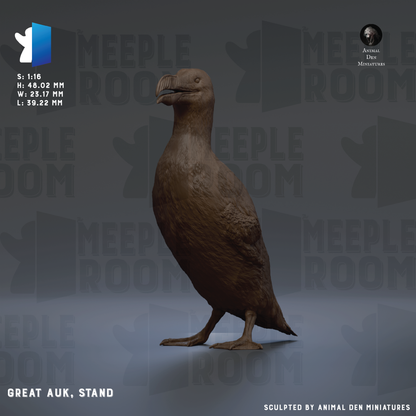 The image is a 3D rendering of a Great auks, a type of seabird, standing on one leg. The background of the image is gray, and there is text and logos related to the "Meeple Room" and "Animal Den Miniatures" in the background.
