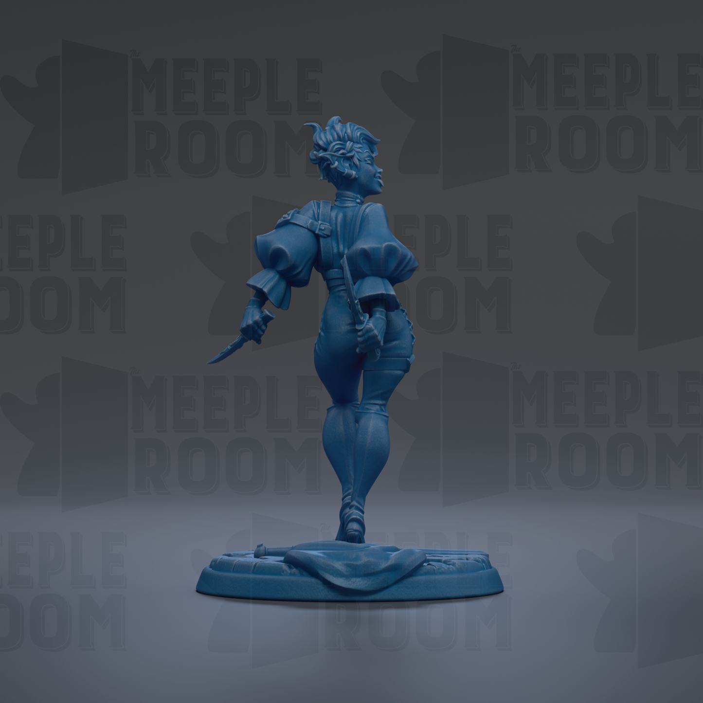 A blue figurine of a person standing on a base, with the text "MEUPLE ROOM" repeated in the background.