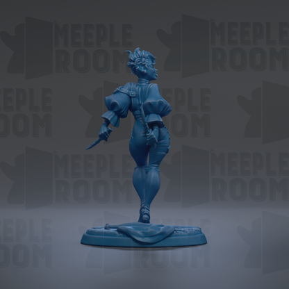 A blue figurine of a person standing on a base, with the text "MEUPLE ROOM" repeated in the background.