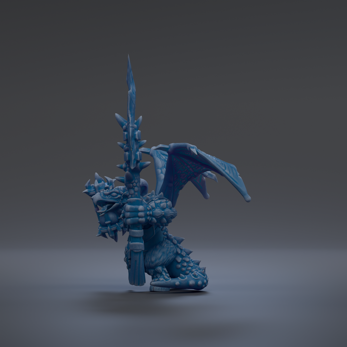 A 3D rendering of a blue dragon-like creature with sharp teeth and claws, standing on one leg and holding a sword in its right hand.