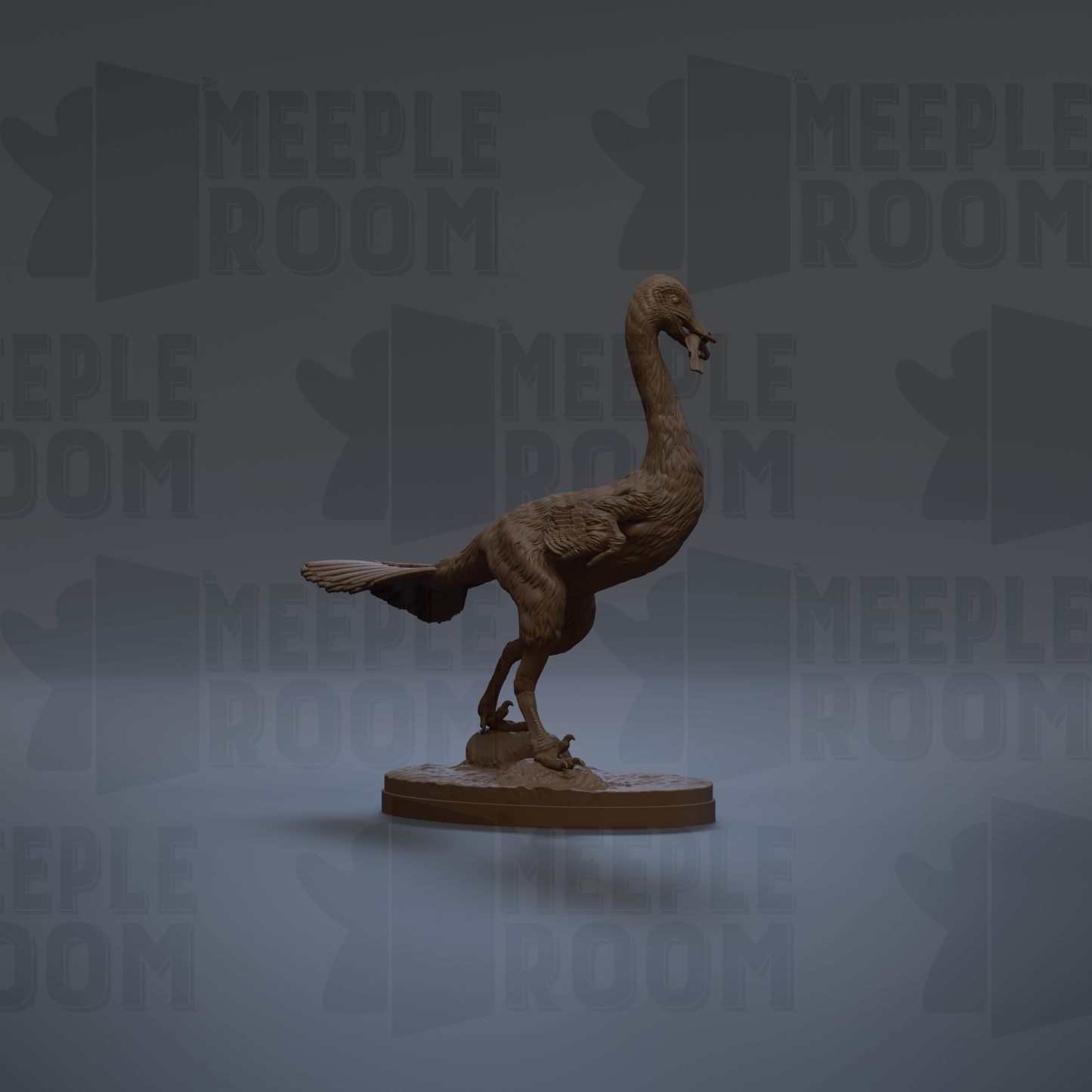 A 3D rendering of a bird, possibly a duck or goose, standing on one leg on a pedestal. The background is a dark gray color with repeated text that reads "MEUPLE ROOM".
