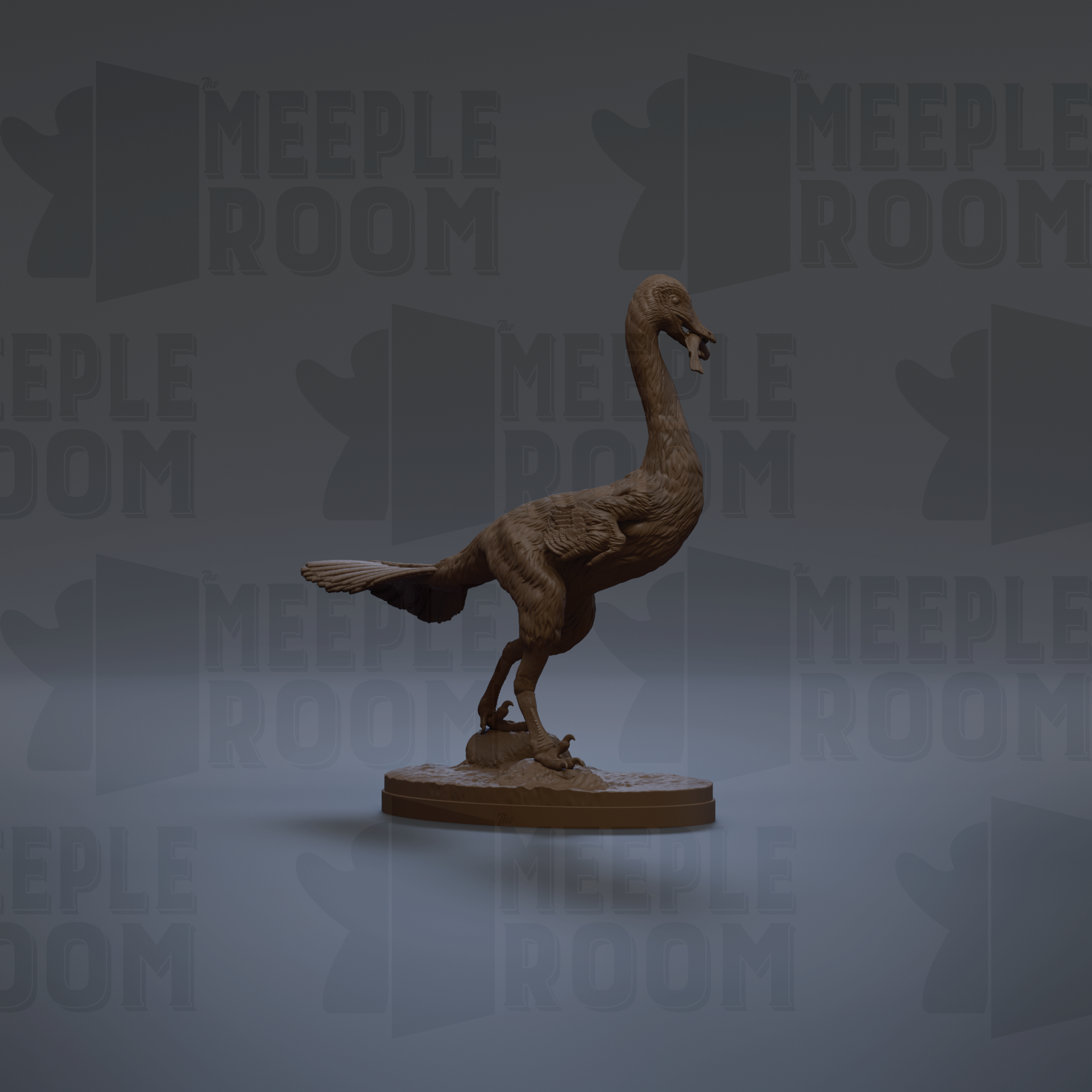 A 3D rendering of a bird, possibly a duck or goose, standing on one leg on a pedestal. The background is a dark gray color with repeated text that reads "MEUPLE ROOM".
