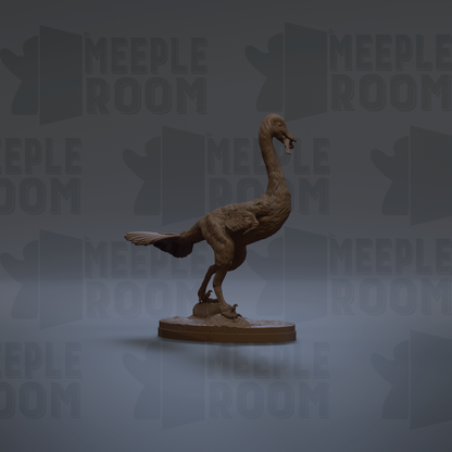 A 3D rendering of a bird, possibly a duck or goose, standing on one leg on a pedestal. The background is a dark gray color with repeated text that reads "MEUPLE ROOM".
