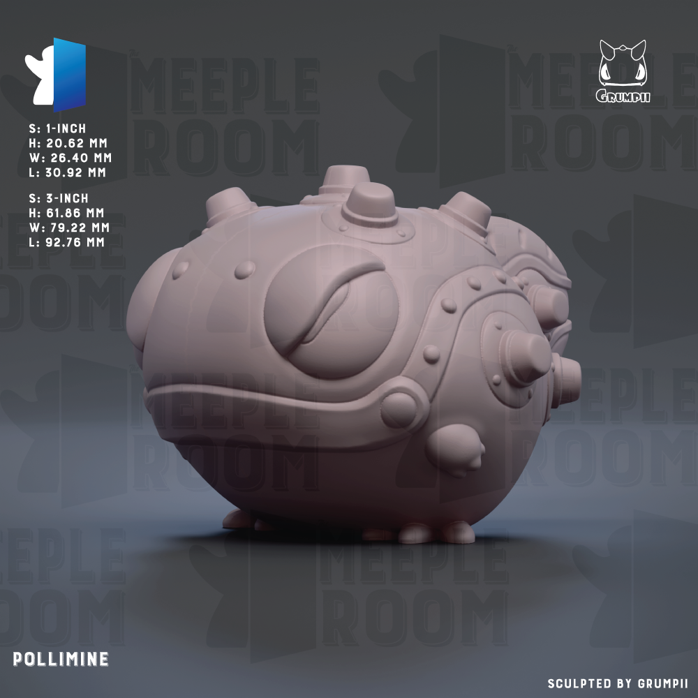 The image is a 3D rendering of a polline, a type of mechanical or robotic figure, with a textured, spherical appearance.