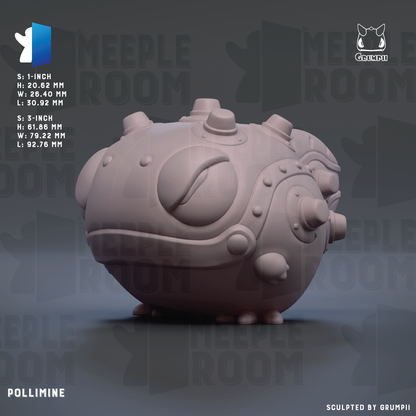The image is a 3D rendering of a polline, a type of mechanical or robotic figure, with a textured, spherical appearance.