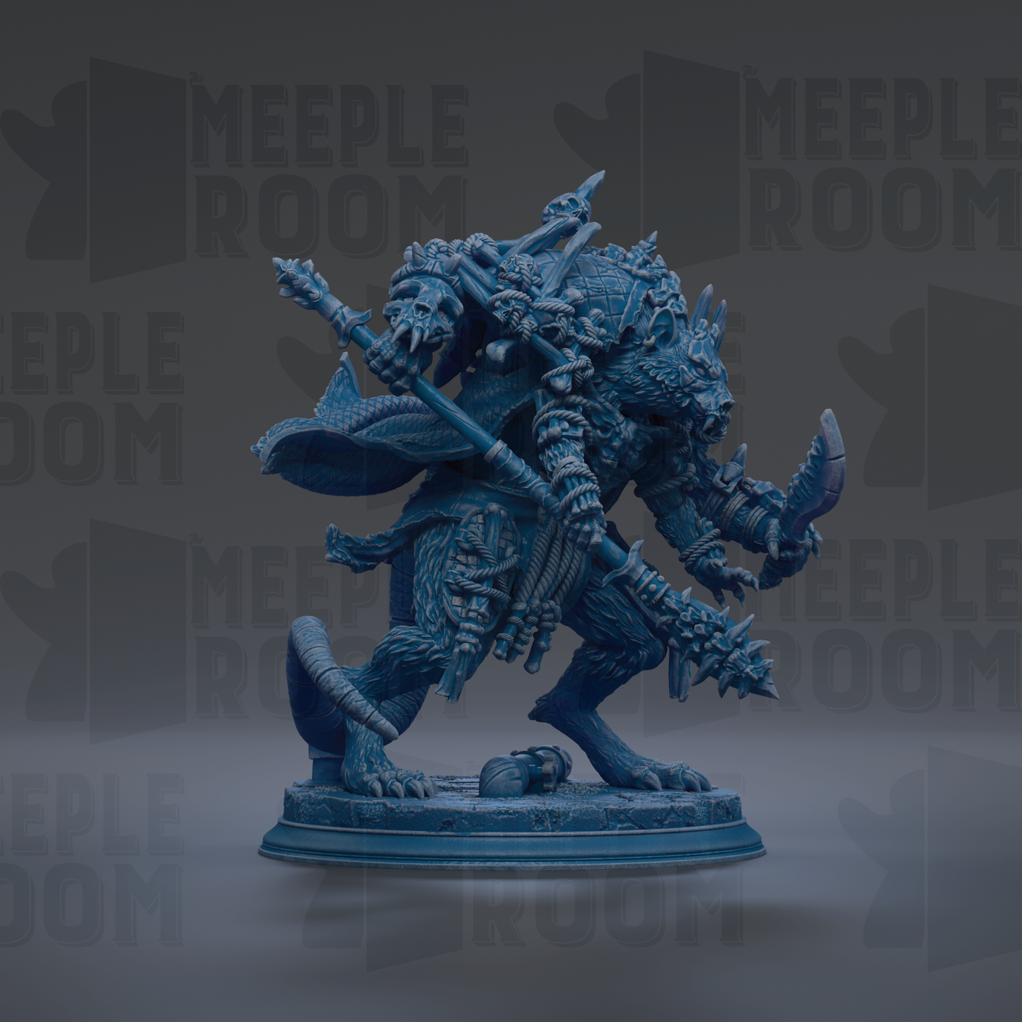 A detailed 3D model of a fantastical creature, possibly a mythical or magical being, with intricate armor and weapons. The creature is standing on a platform and appears to be in a fighting stance, ready for battle.
