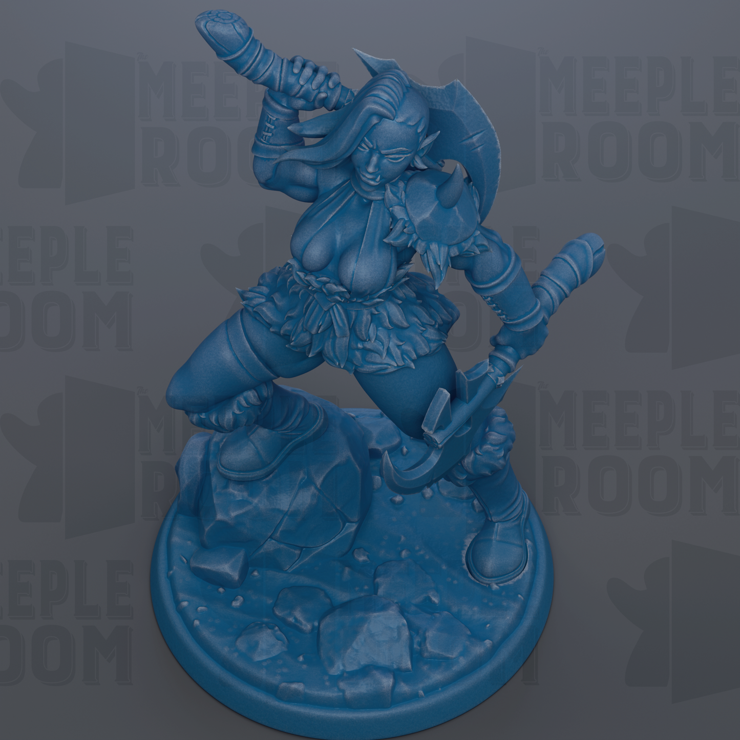 A blue figurine of a female warrior character, holding a weapon and standing on a rocky base.