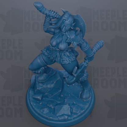 A blue figurine of a female warrior character, holding a weapon and standing on a rocky base.