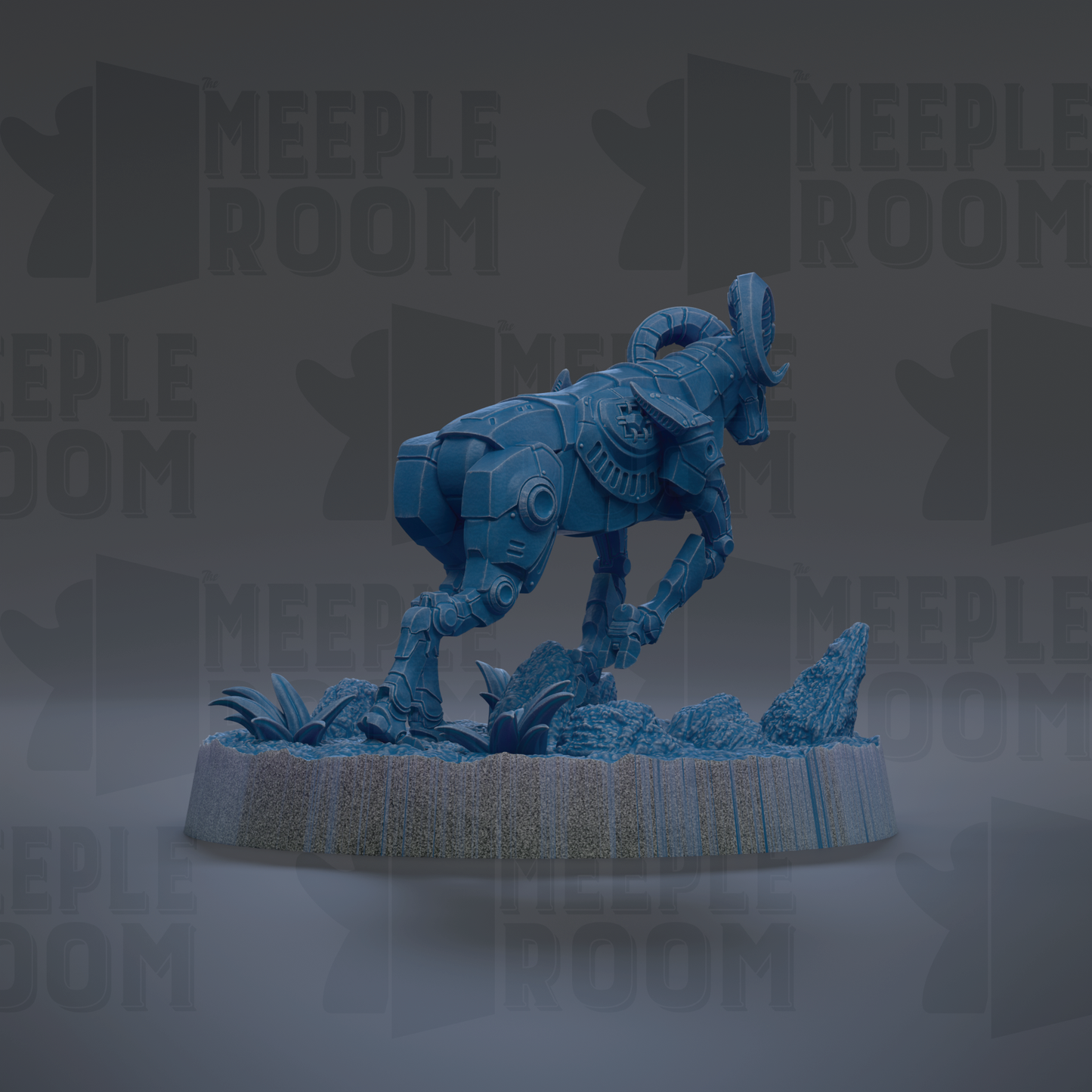 A blue mechanical ram figurine is displayed on a base, surrounded by rocks and plants, with the text "MEIPLLE ROOM" repeated in the background.