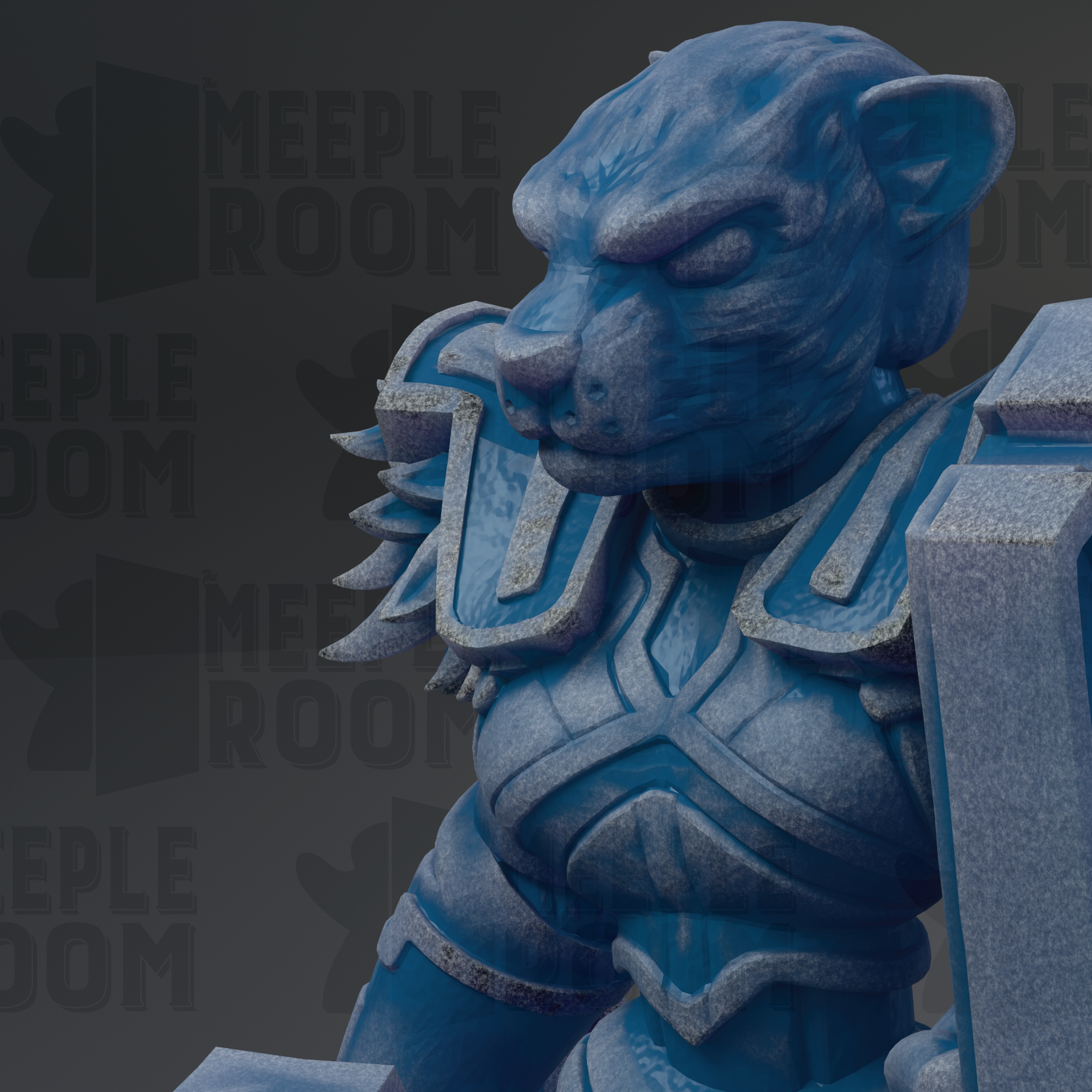 A blue statue of a fierce-looking creature, possibly a mythical or fantastical being, with a fierce expression and a detailed, textured appearance.