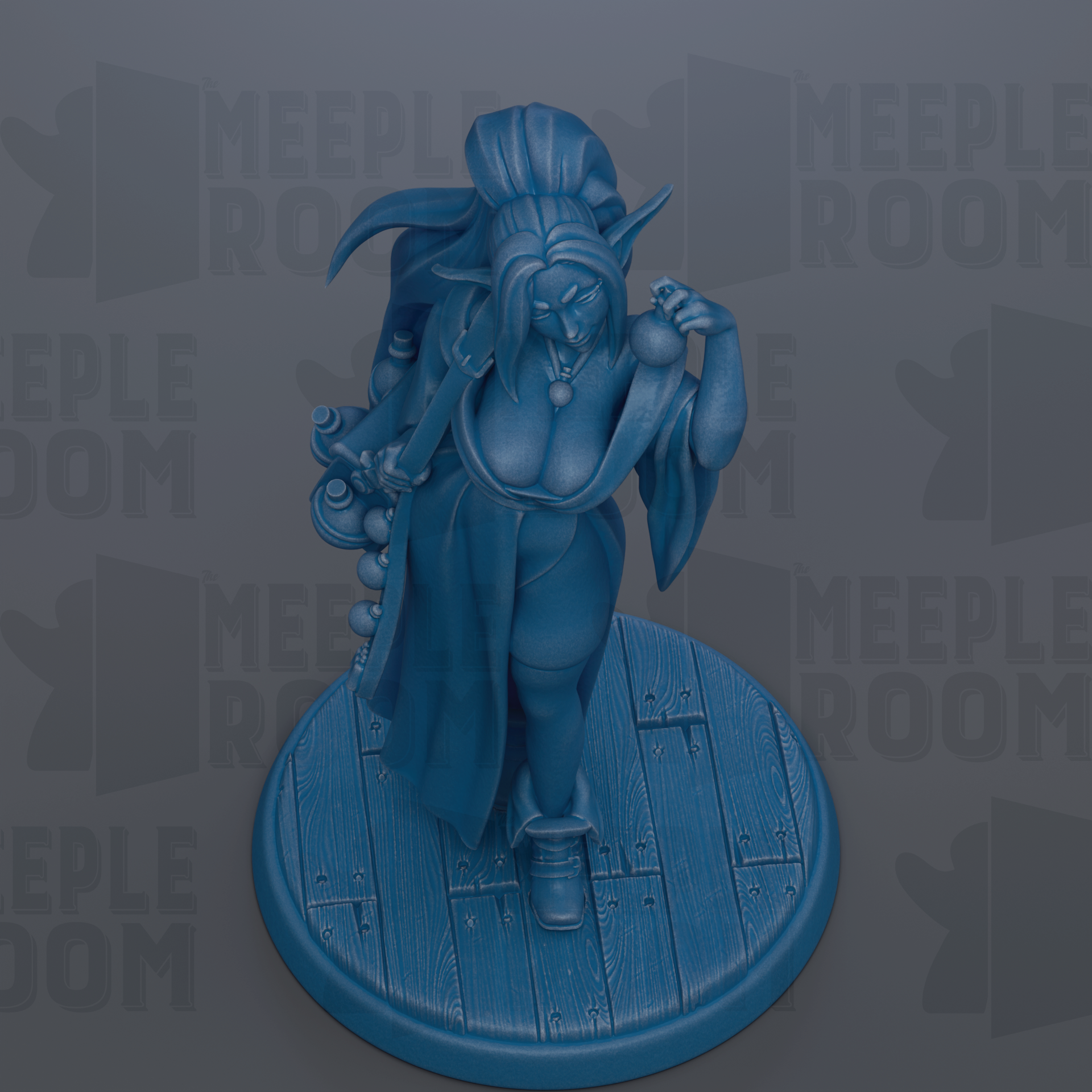A blue figurine of a woman with a long, flowing robe and a large headdress, standing on a wooden base.