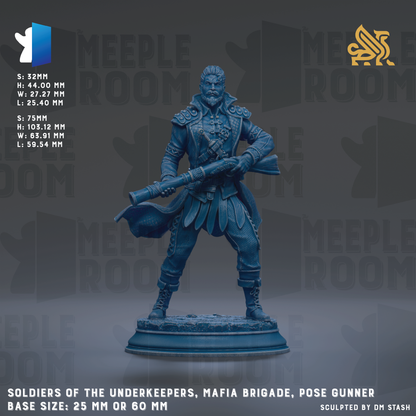 a blue statue of a soldier holding a rifle, standing in a pose that suggests readiness for action. The statue is set against a dark background with the text "MEIPLE ROOM" repeated multiple times. The statue is described as "Soldiers of the Underkeepers, Mafia Brigade, Pose Gunner" and has a base size of either 25mm or 60mm.