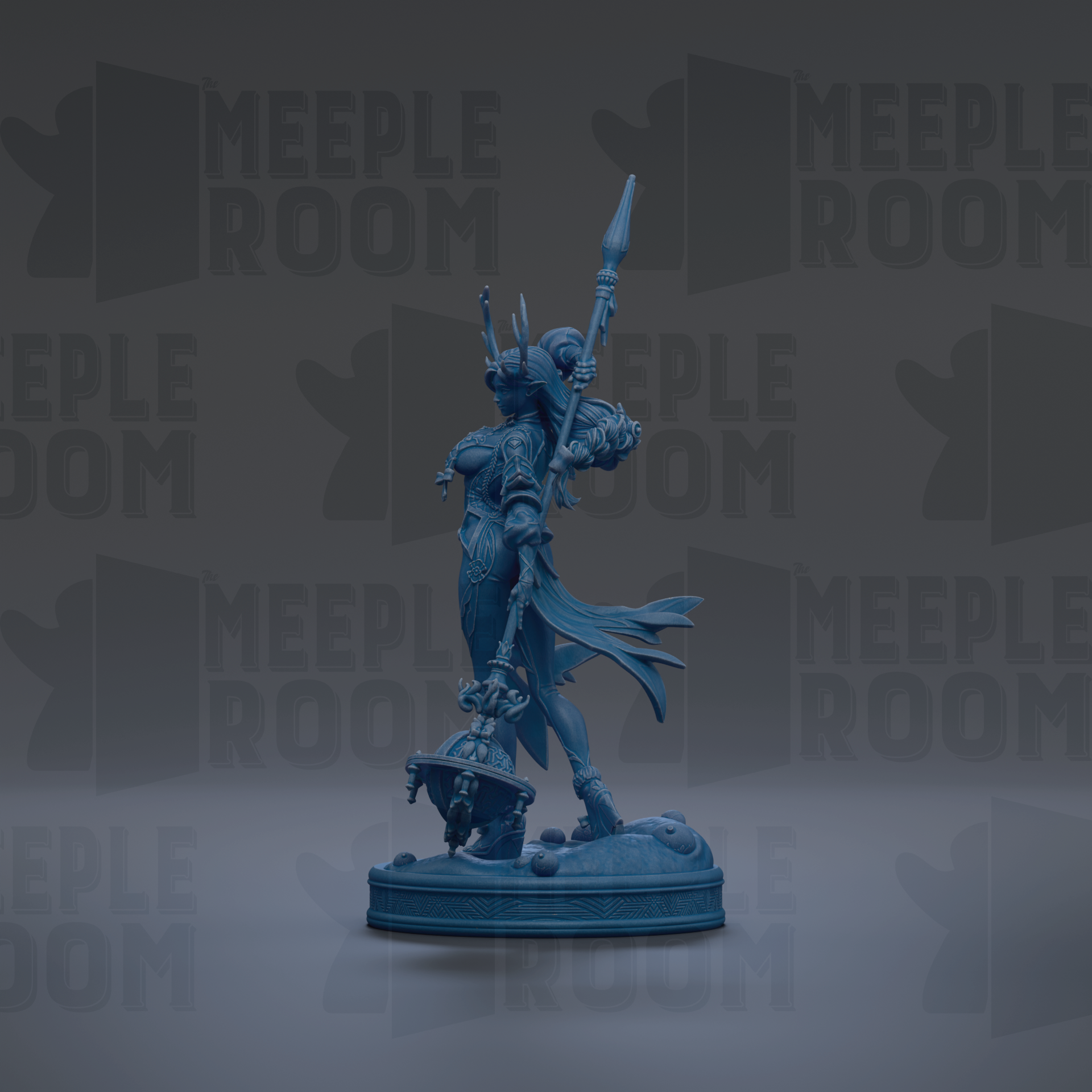 A blue statue of a female warrior standing on a pedestal, holding a spear and shield, against a dark background with repeated text.