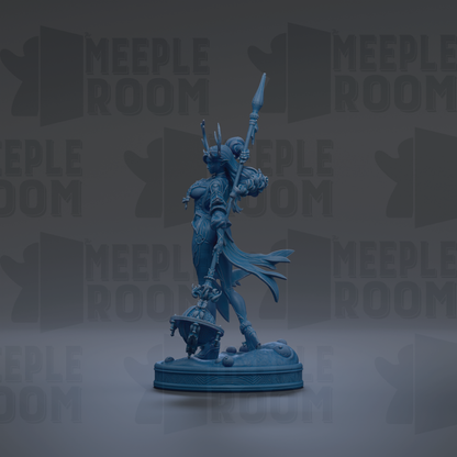 A blue statue of a female warrior standing on a pedestal, holding a spear and shield, against a dark background with repeated text.