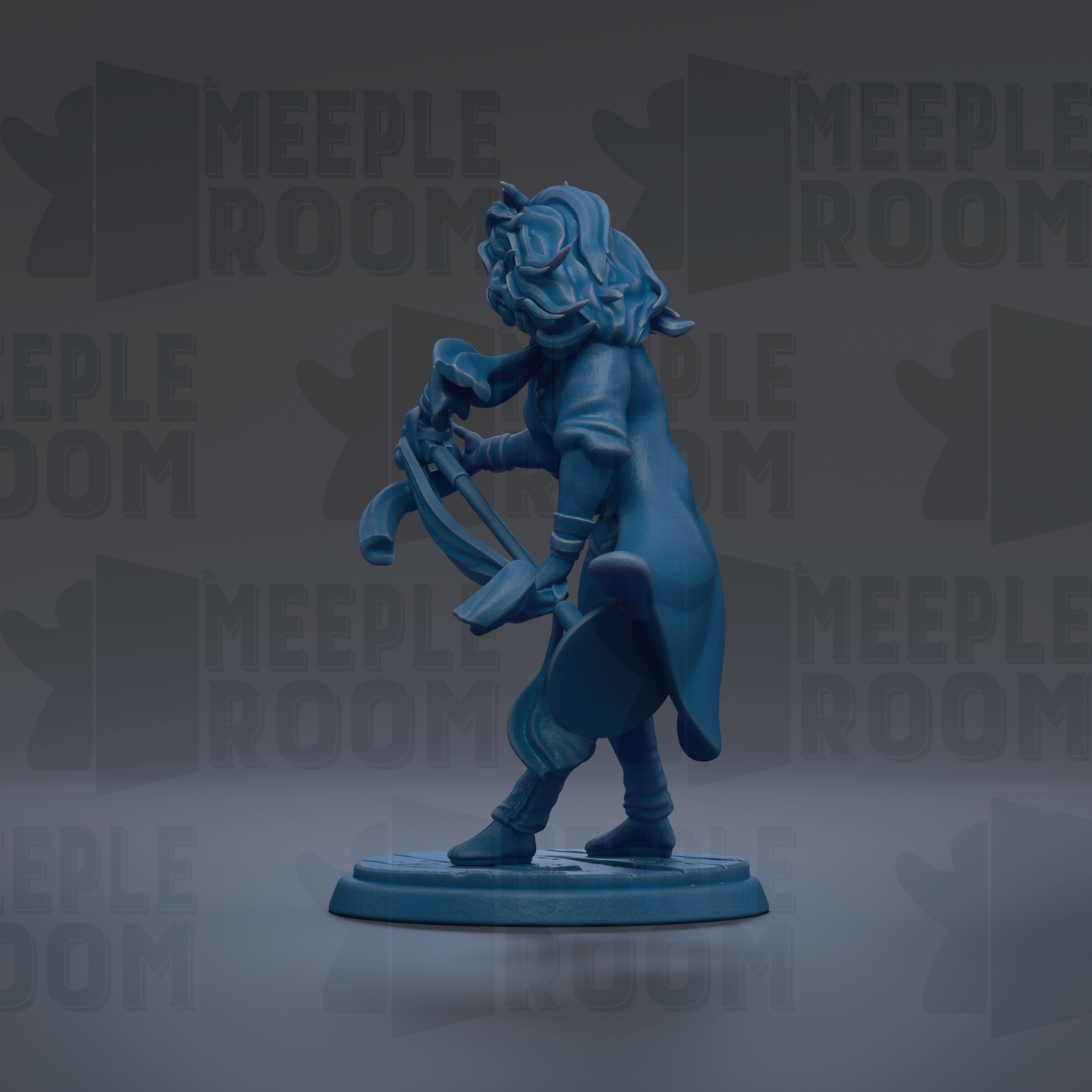 A blue figurine of a person holding a sword and shield, standing on a platform against a dark background with repeated text.
