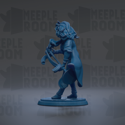 A blue figurine of a person holding a sword and shield, standing on a platform against a dark background with repeated text.