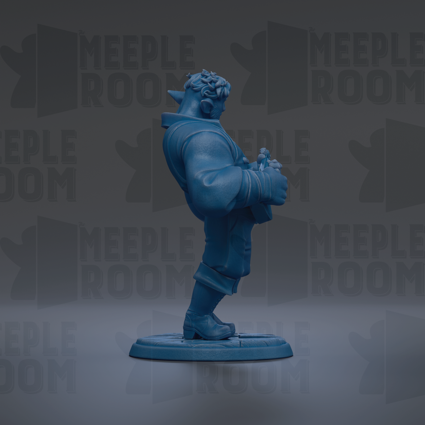 A blue figurine of a person standing on a base, with the text "MEUPLE ROOM" repeated in the background.